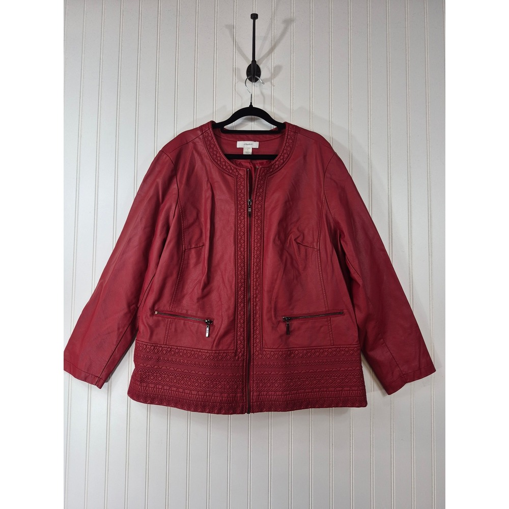 CJ Banks Red Faux Leather Embroidered Zip Up Jacket Womens Plus 1X Ruby Red